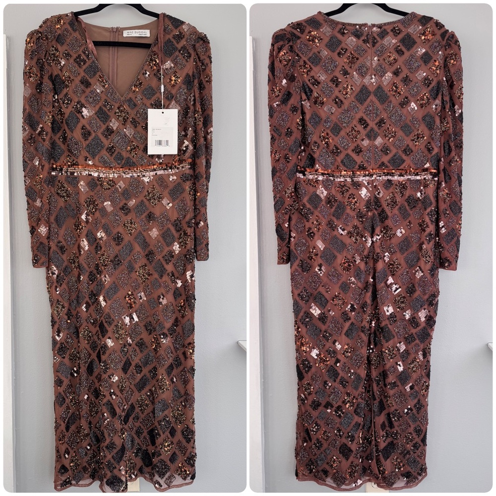 MAC DUGGAL size 14 Brown Geo Embellished Midi Sheath Dress - Picture 4 of 9